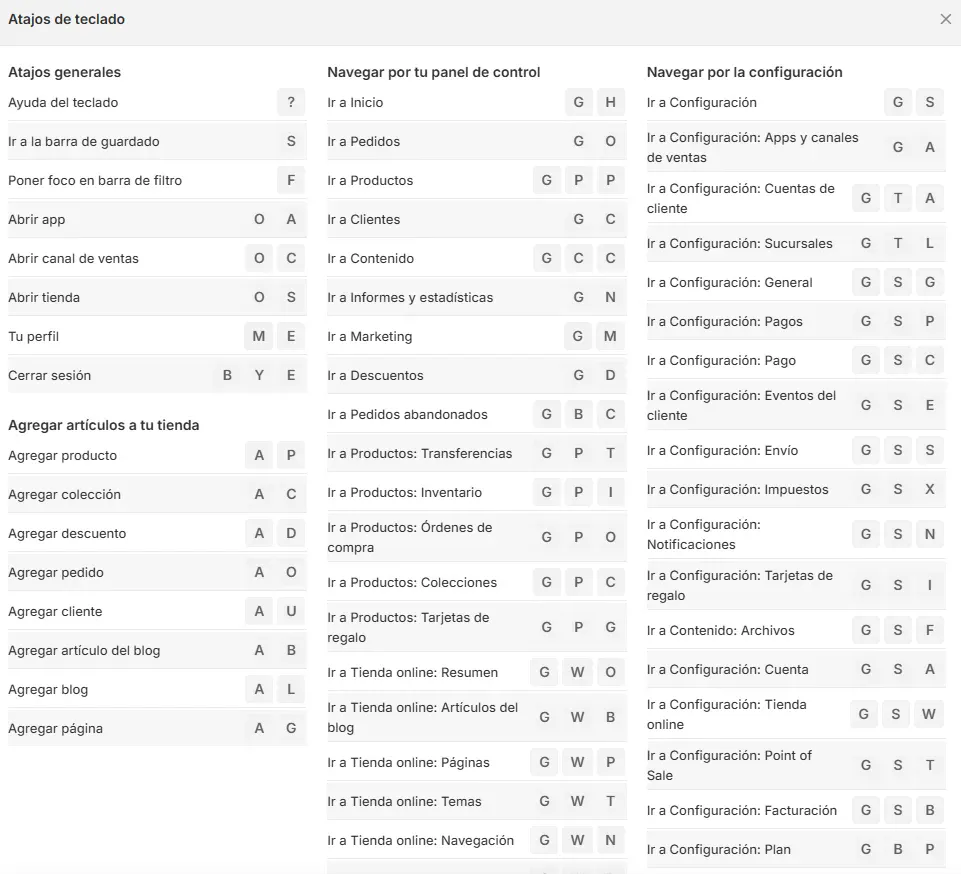 Atajos de teclado para Shopify